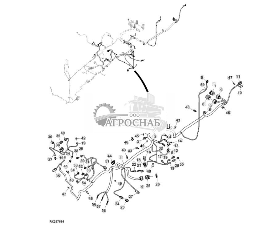 Жгут проводов шасси, с системой автоматического управления AutoTrac™ и резервным насосом, 15,0 L, двигатель FT4 (для стран СНГ, Европы, Северной Африки, Ближнего Востока) (34) (802000 - 803999) - ST874766 241.jpg